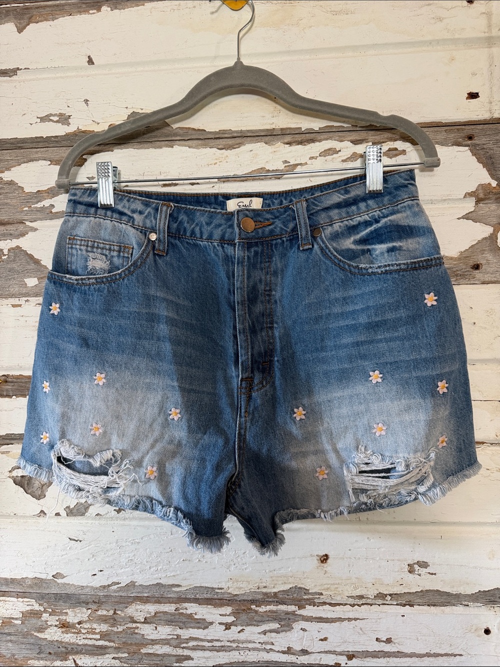 Women's Blue Embroidered Daisy Distressed Denim Shorts